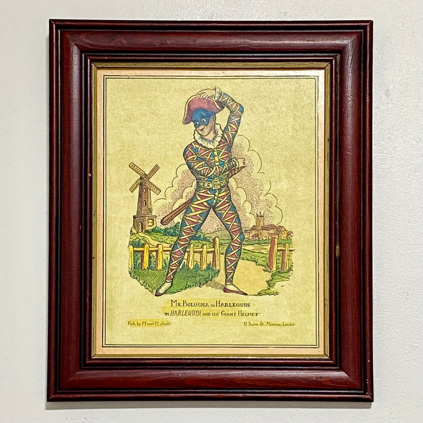 19th Century Mr. Bologna As Harlequin Hand Coloured Theatrical Engraving Framed