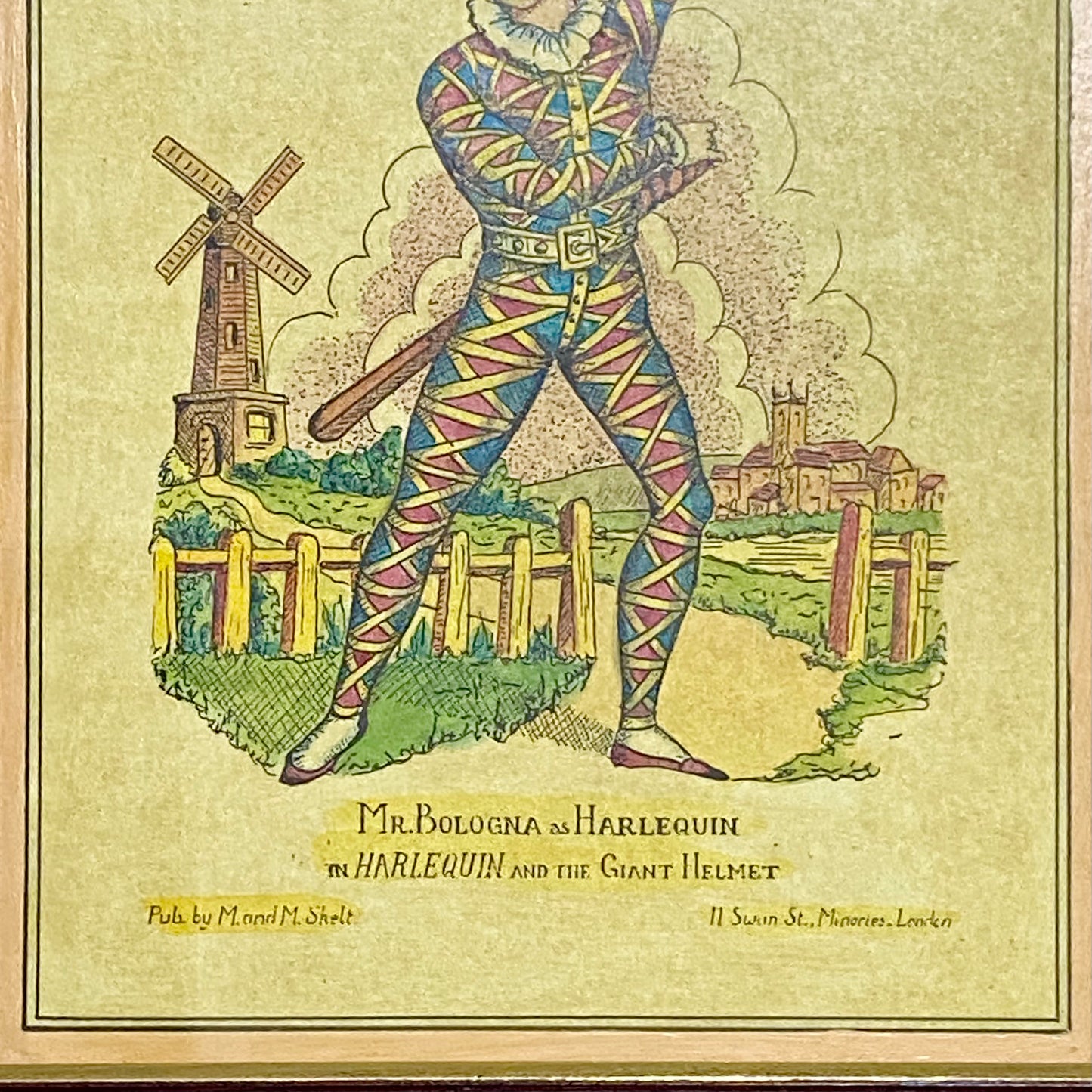 19th Century Mr. Bologna As Harlequin Hand Coloured Theatrical Engraving Framed