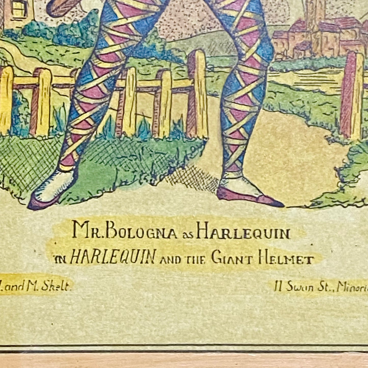 19th Century Mr. Bologna As Harlequin Hand Coloured Theatrical Engraving Framed