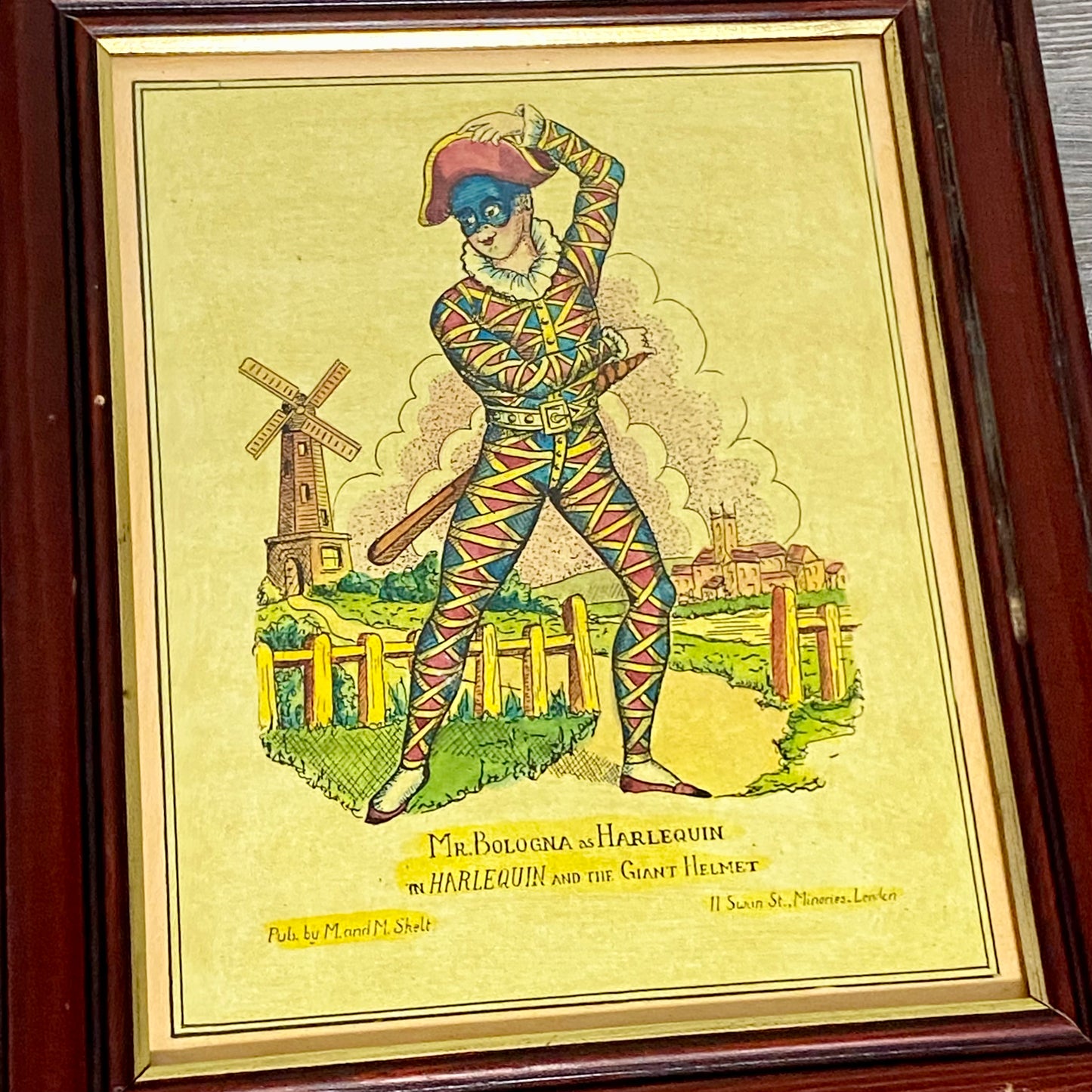 19th Century Mr. Bologna As Harlequin Hand Coloured Theatrical Engraving Framed