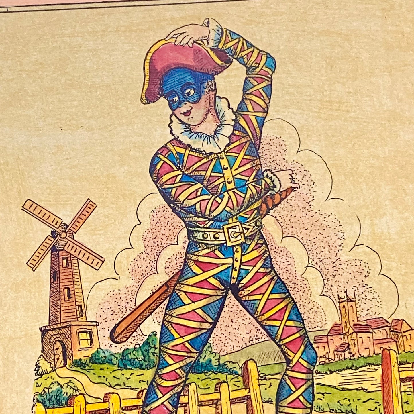 19th Century Mr. Bologna As Harlequin Hand Coloured Theatrical Engraving Framed