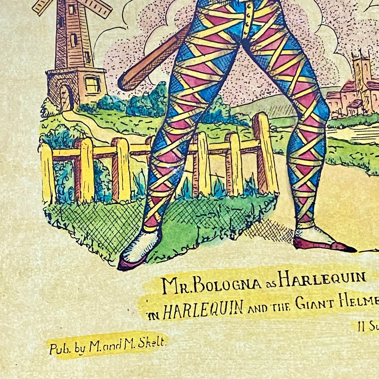 19th Century Mr. Bologna As Harlequin Hand Coloured Theatrical Engraving Framed