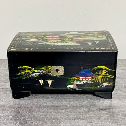 Vintage Japanese Black Lacquer Wood Hand Painted Jewellery Storage Box c1950s