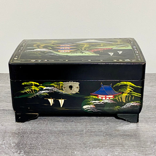 Vintage Japanese Black Lacquer Wood Hand Painted Jewellery Storage Box c1950s