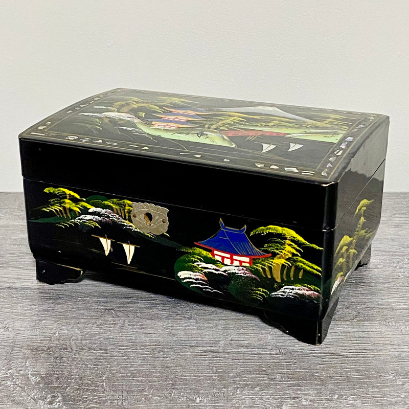Vintage Japanese Black Lacquer Wood Hand Painted Jewellery Storage Box c1950s