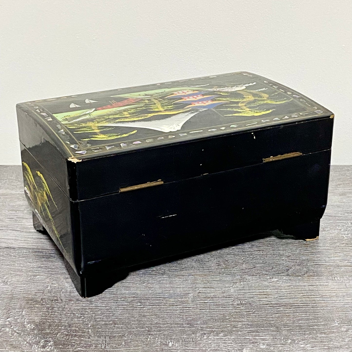 Vintage Japanese Black Lacquer Wood Hand Painted Jewellery Storage Box c1950s