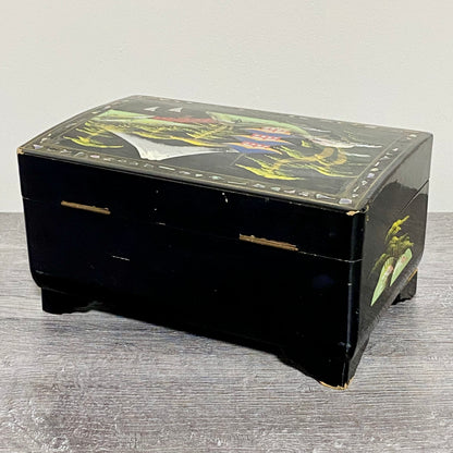 Vintage Japanese Black Lacquer Wood Hand Painted Jewellery Storage Box c1950s
