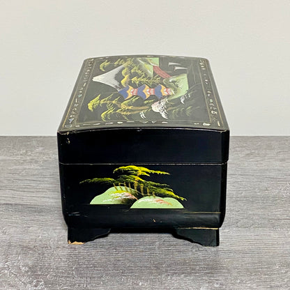 Vintage Japanese Black Lacquer Wood Hand Painted Jewellery Storage Box c1950s