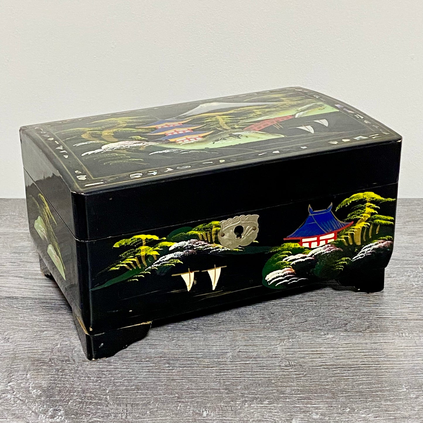 Vintage Japanese Black Lacquer Wood Hand Painted Jewellery Storage Box c1950s