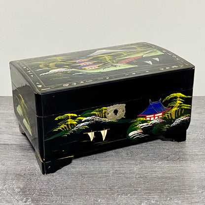 Vintage Japanese Black Lacquer Wood Hand Painted Jewellery Storage Box c1950s