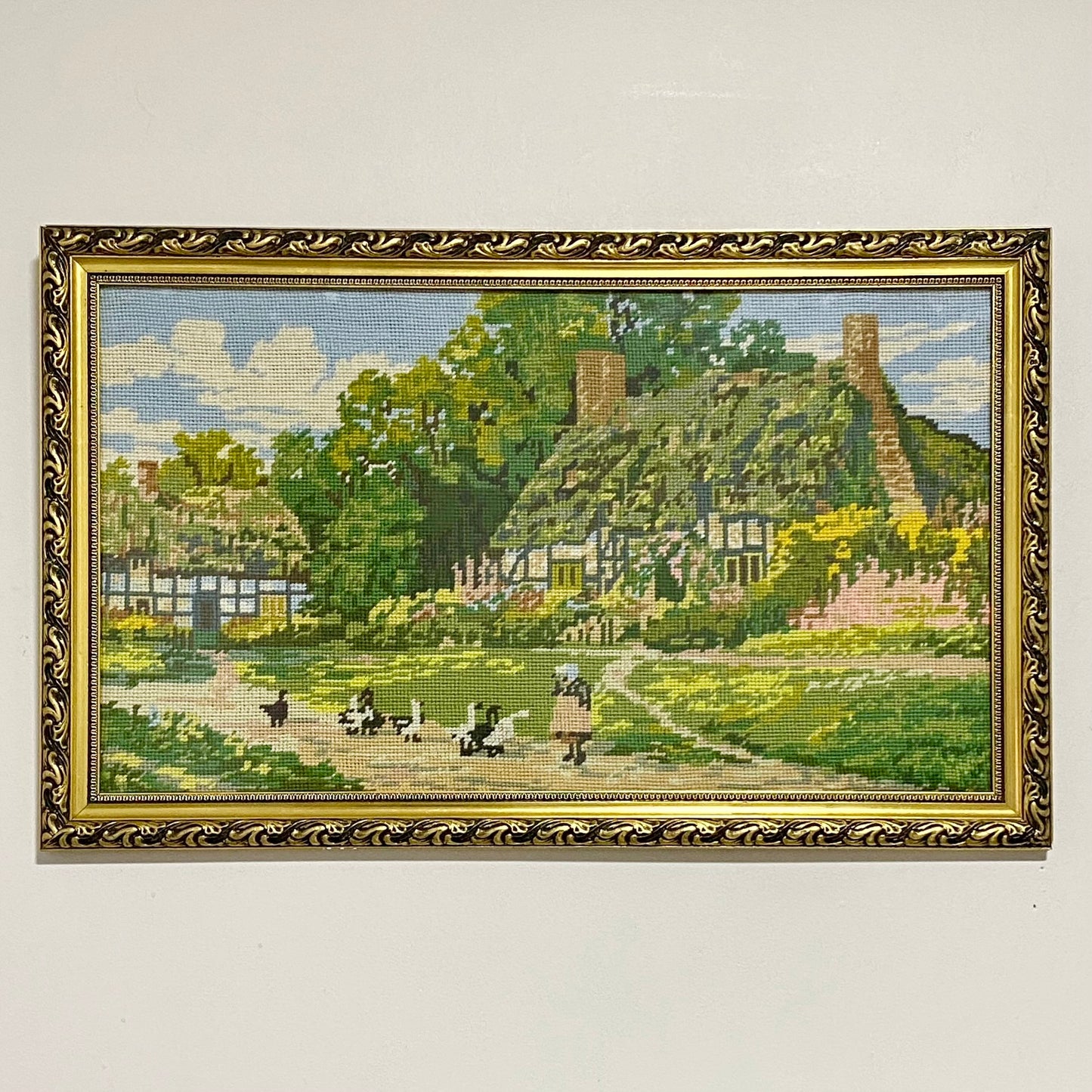 Vintage Cottage & Geese Scene Tapestry Needlepoint Display Art Gilt Framed Rare