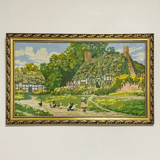 Vintage Cottage & Geese Scene Tapestry Needlepoint Display Art Gilt Framed Rare