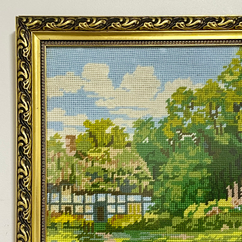 Vintage Cottage & Geese Scene Tapestry Needlepoint Display Art Gilt Framed Rare
