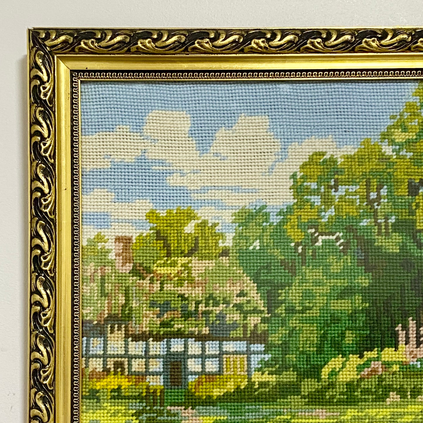 Vintage Cottage & Geese Scene Tapestry Needlepoint Display Art Gilt Framed Rare