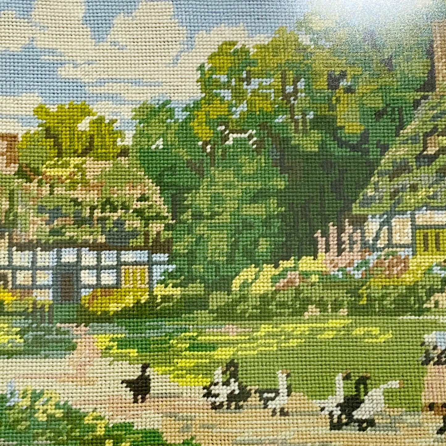 Vintage Cottage & Geese Scene Tapestry Needlepoint Display Art Gilt Framed Rare