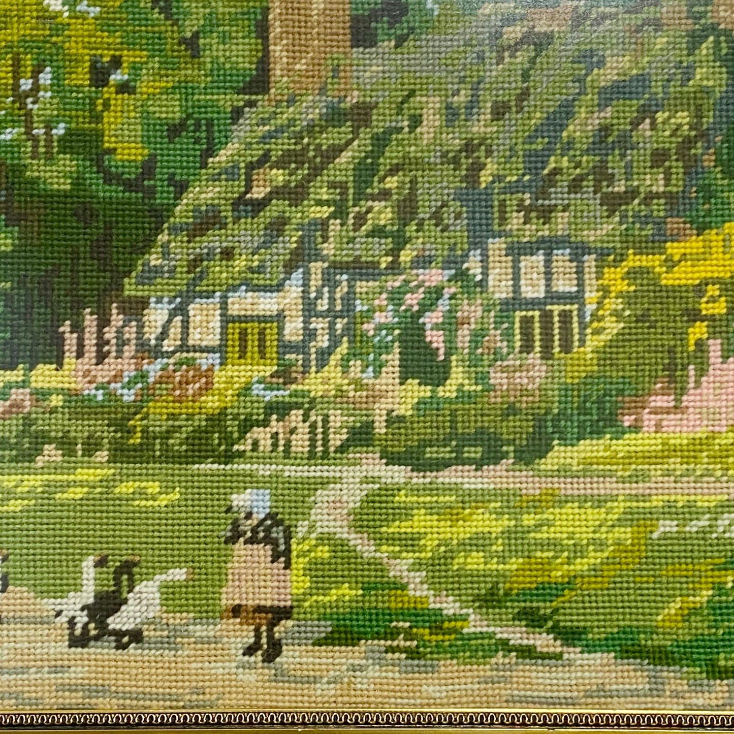 Vintage Cottage & Geese Scene Tapestry Needlepoint Display Art Gilt Framed Rare