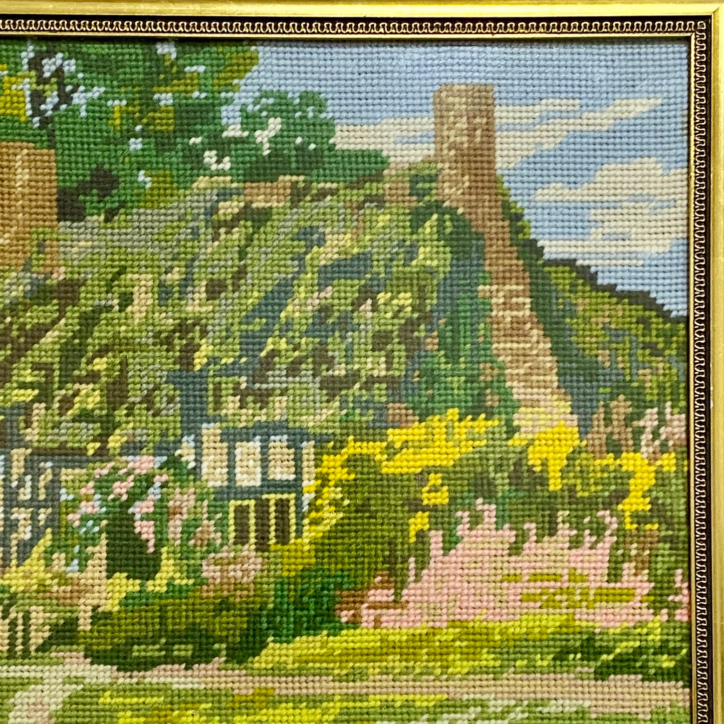 Vintage Cottage & Geese Scene Tapestry Needlepoint Display Art Gilt Framed Rare