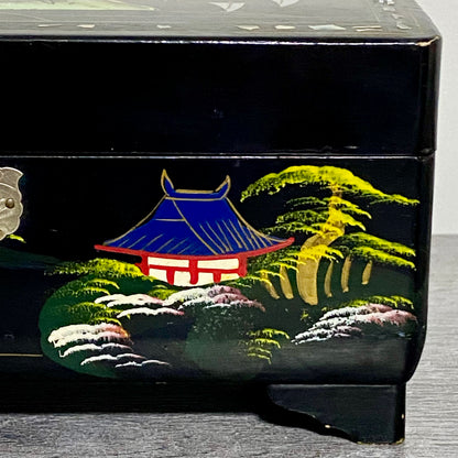 Vintage Japanese Black Lacquer Wood Hand Painted Jewellery Storage Box c1950s