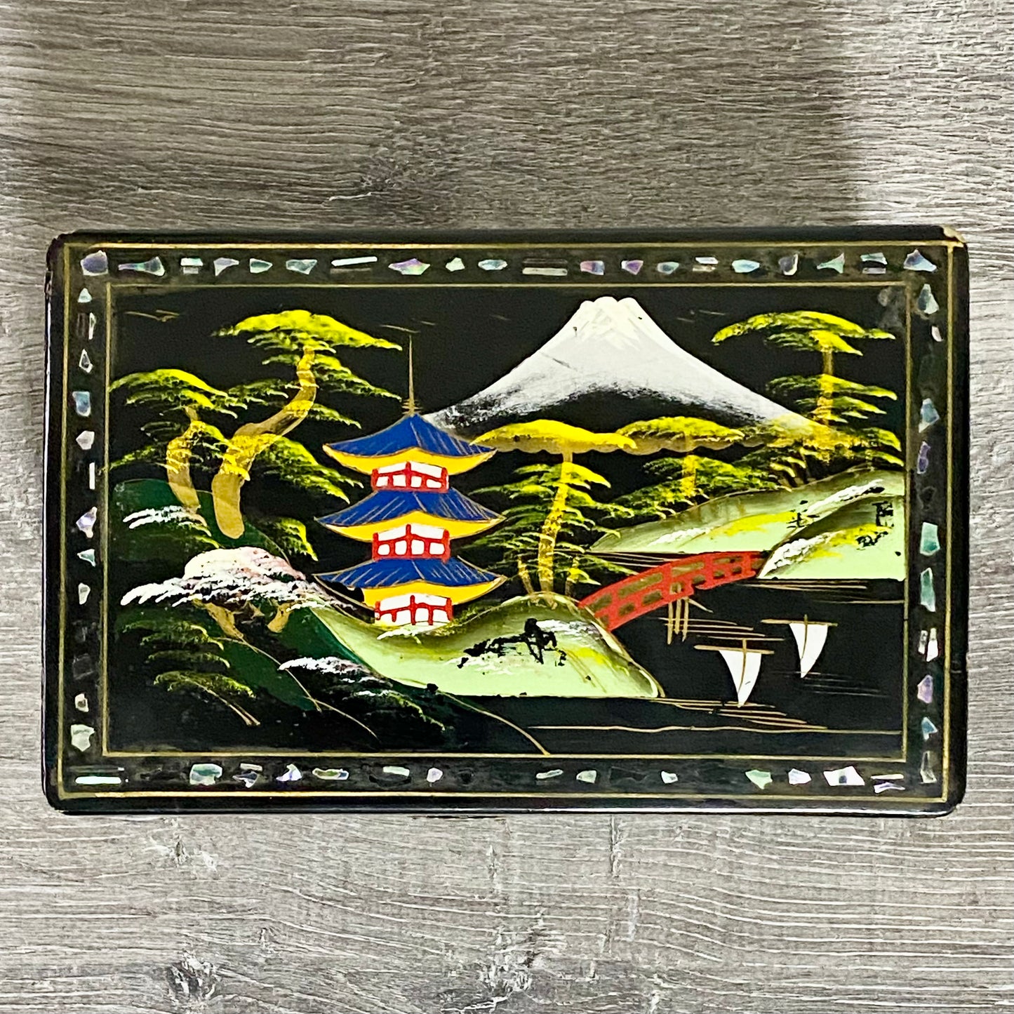 Vintage Japanese Black Lacquer Wood Hand Painted Jewellery Storage Box c1950s
