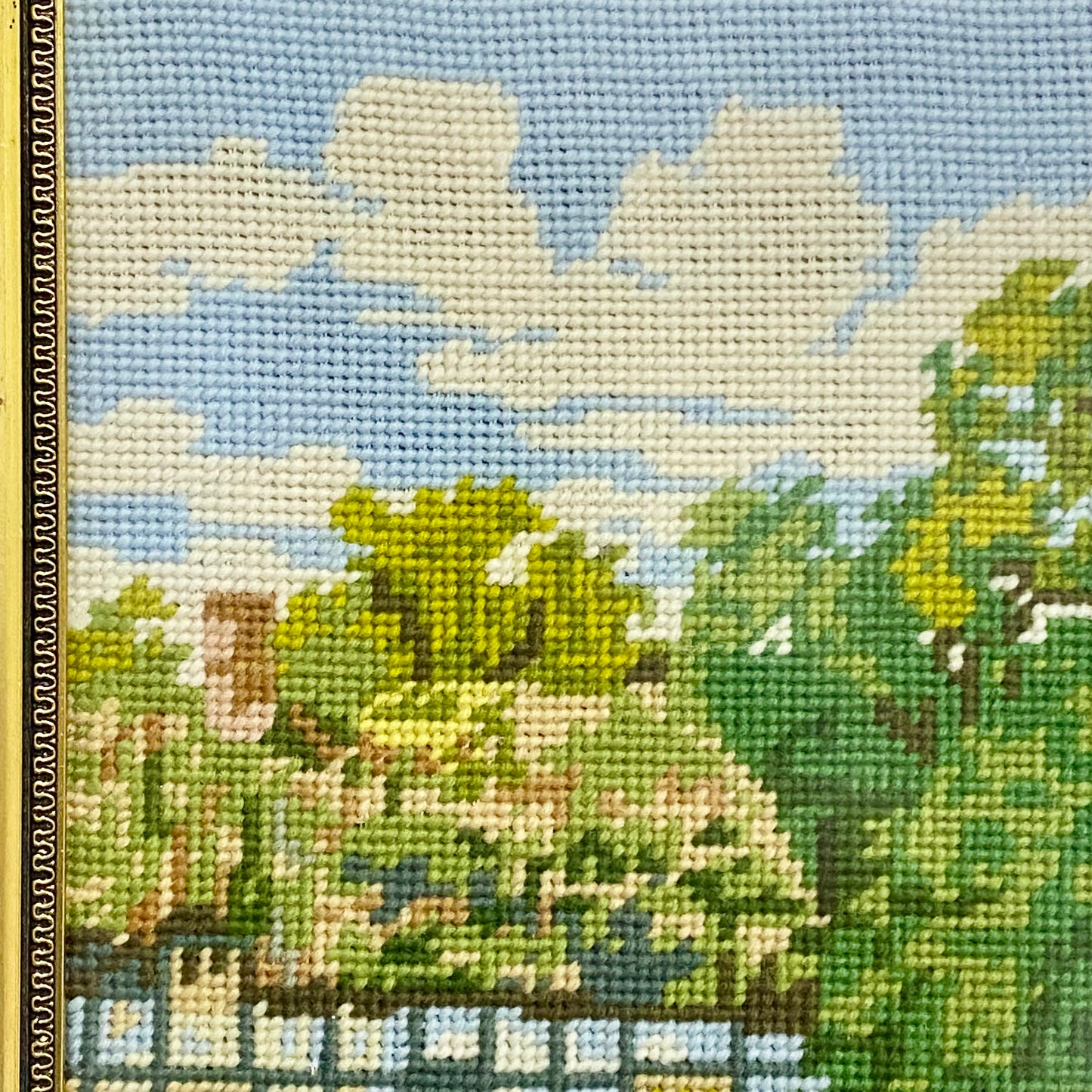 Vintage Cottage & Geese Scene Tapestry Needlepoint Display Art Gilt Framed Rare