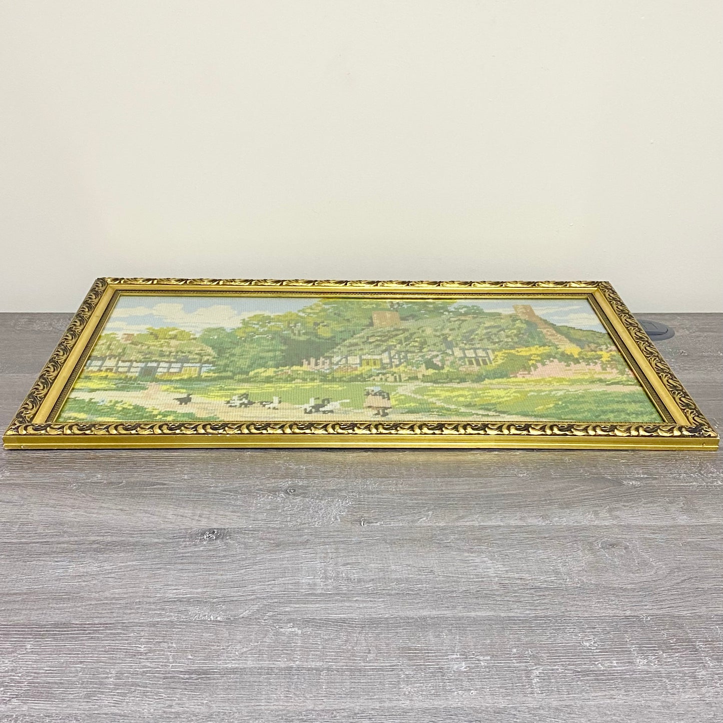 Vintage Cottage & Geese Scene Tapestry Needlepoint Display Art Gilt Framed Rare