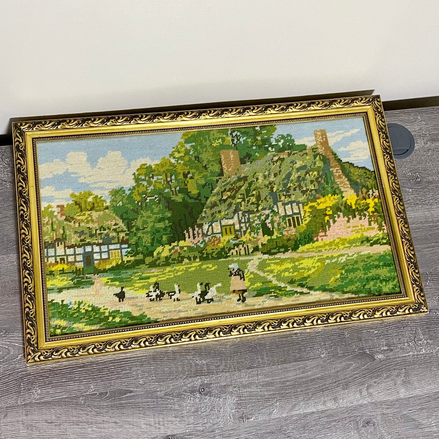 Vintage Cottage & Geese Scene Tapestry Needlepoint Display Art Gilt Framed Rare