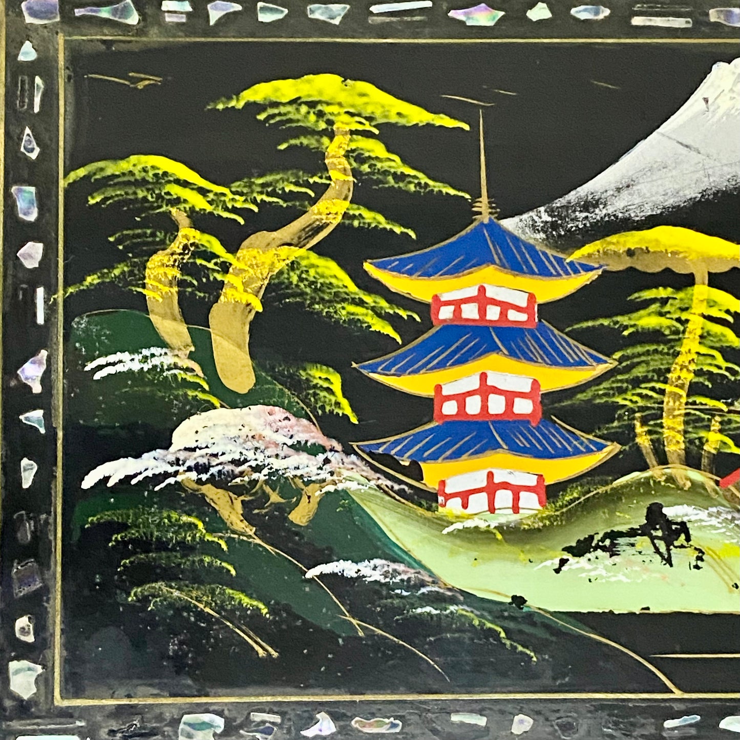 Vintage Japanese Black Lacquer Wood Hand Painted Jewellery Storage Box c1950s