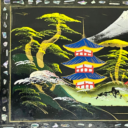 Vintage Japanese Black Lacquer Wood Hand Painted Jewellery Storage Box c1950s