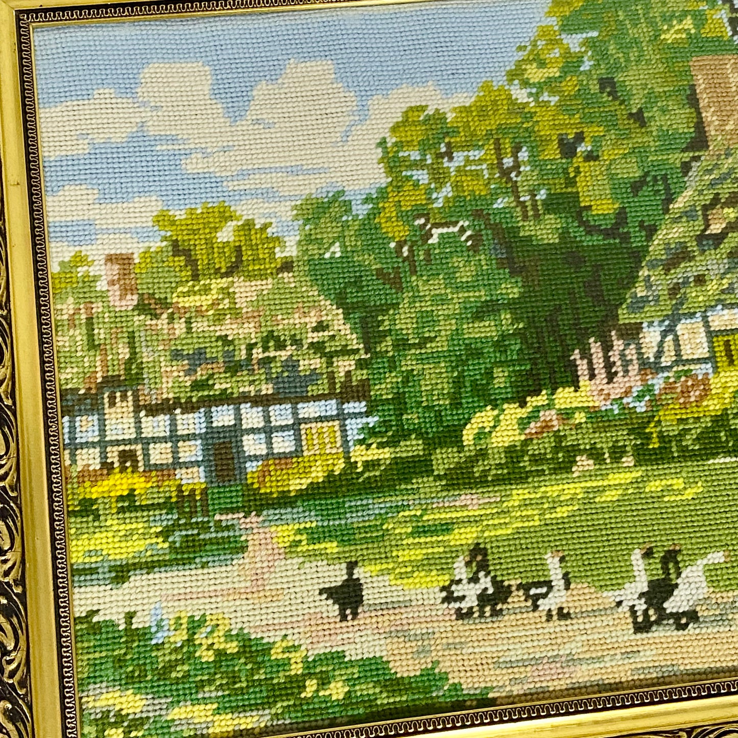 Vintage Cottage & Geese Scene Tapestry Needlepoint Display Art Gilt Framed Rare