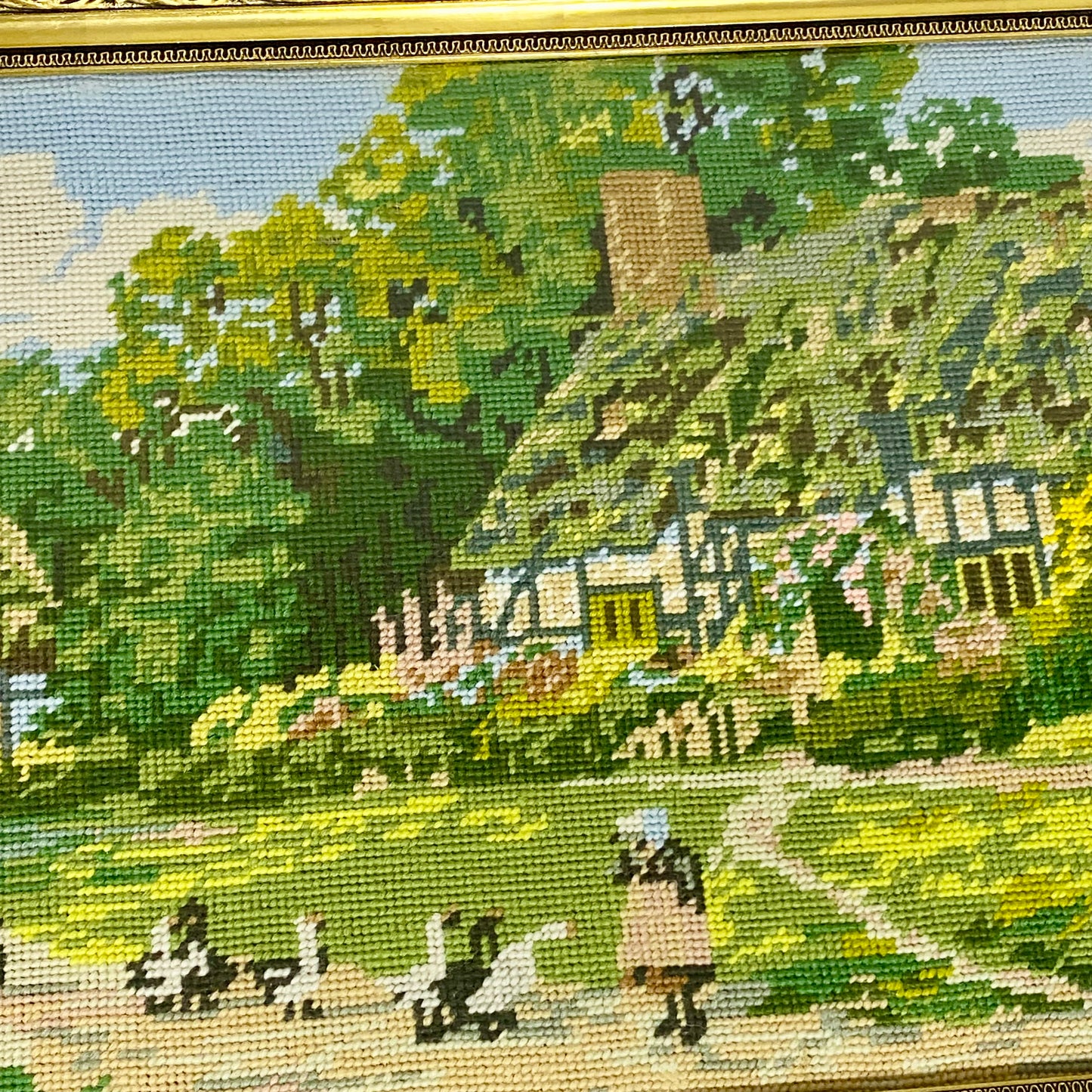 Vintage Cottage & Geese Scene Tapestry Needlepoint Display Art Gilt Framed Rare