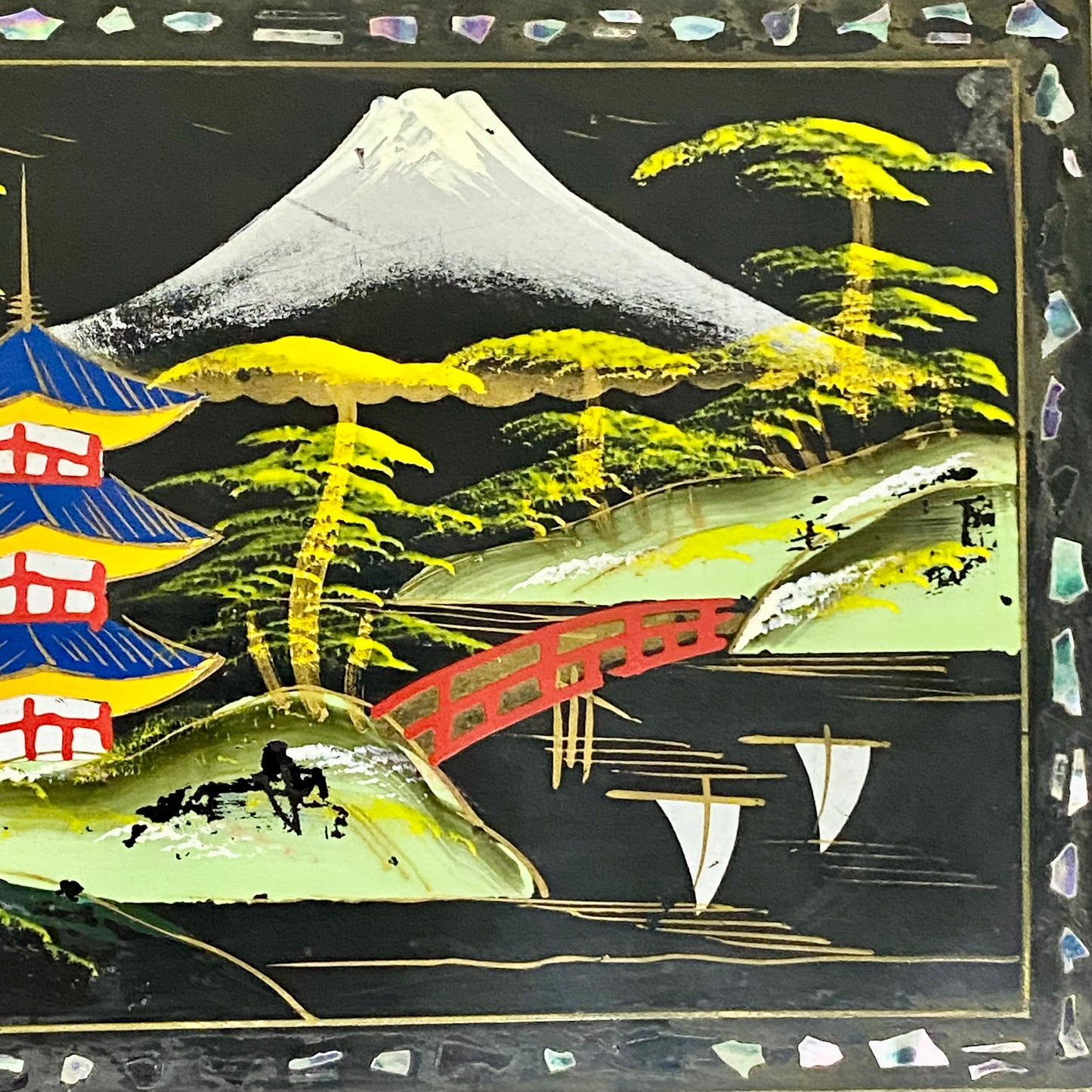 Vintage Japanese Black Lacquer Wood Hand Painted Jewellery Storage Box c1950s