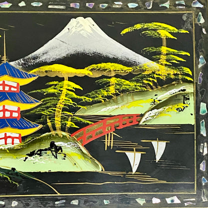 Vintage Japanese Black Lacquer Wood Hand Painted Jewellery Storage Box c1950s