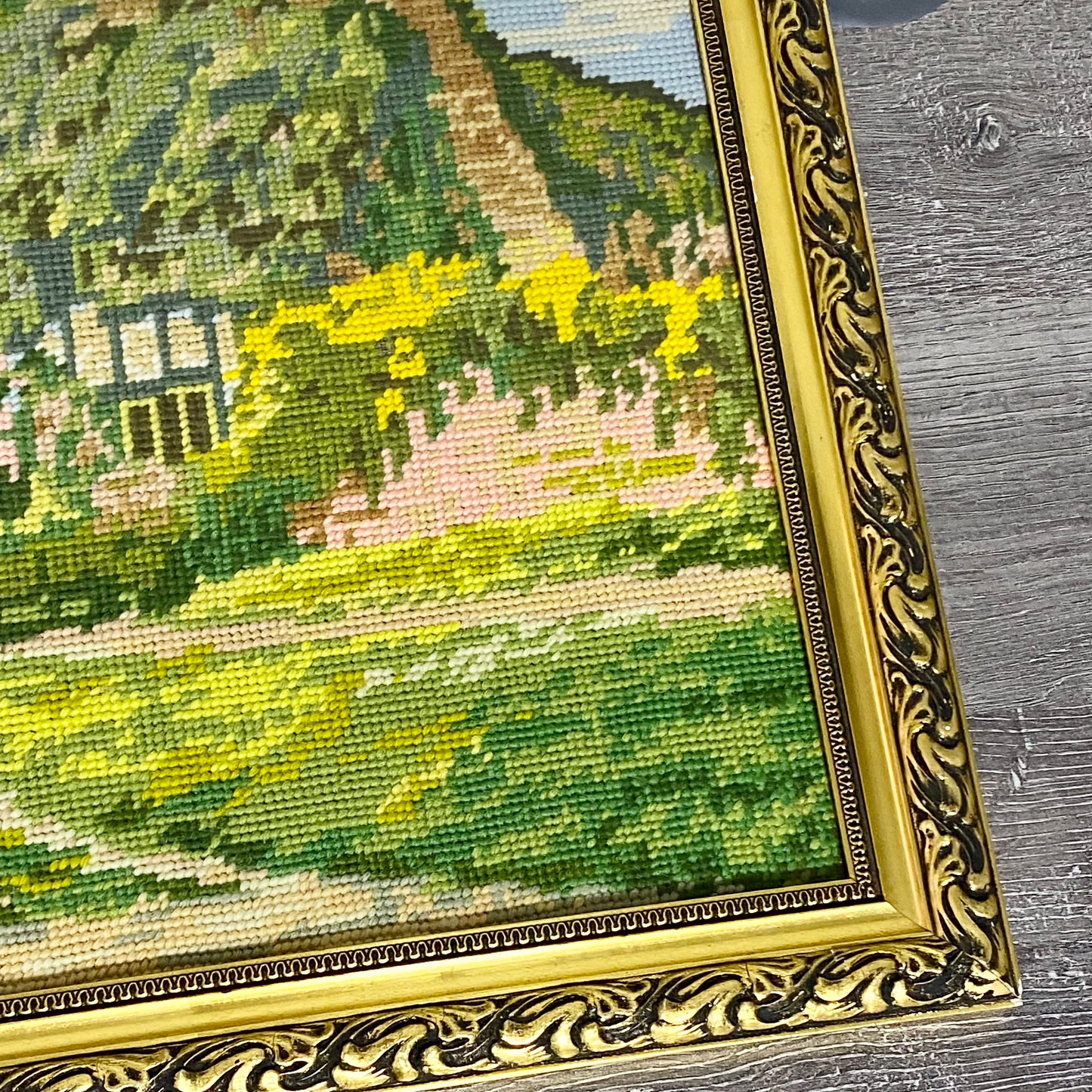 Vintage Cottage & Geese Scene Tapestry Needlepoint Display Art Gilt Framed Rare