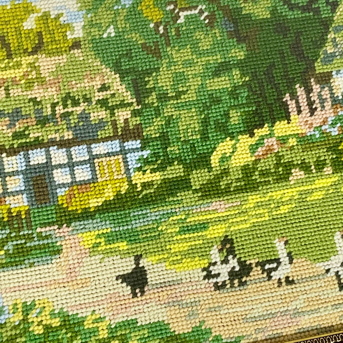 Vintage Cottage & Geese Scene Tapestry Needlepoint Display Art Gilt Framed Rare