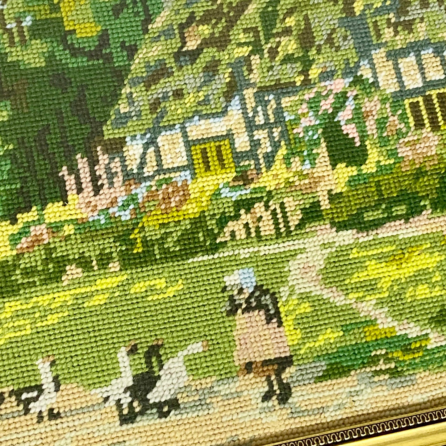 Vintage Cottage & Geese Scene Tapestry Needlepoint Display Art Gilt Framed Rare