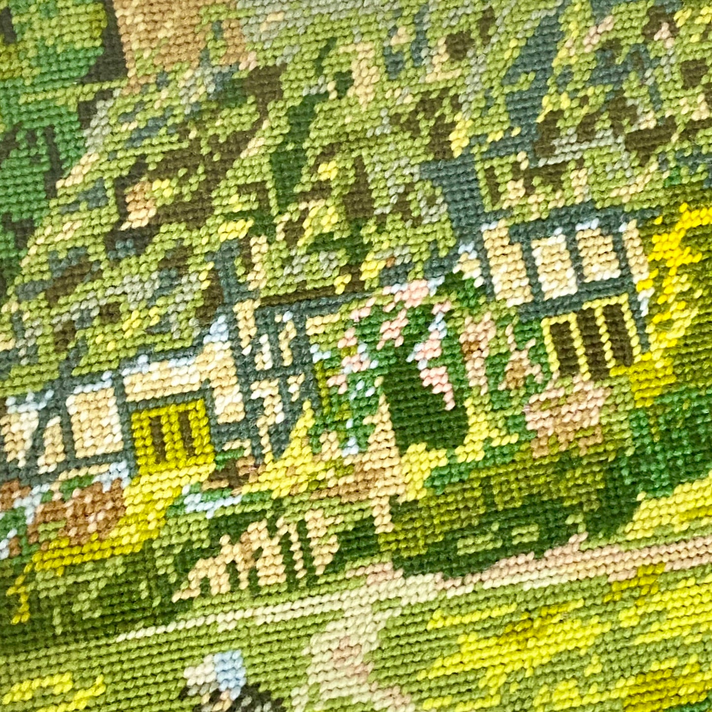 Vintage Cottage & Geese Scene Tapestry Needlepoint Display Art Gilt Framed Rare