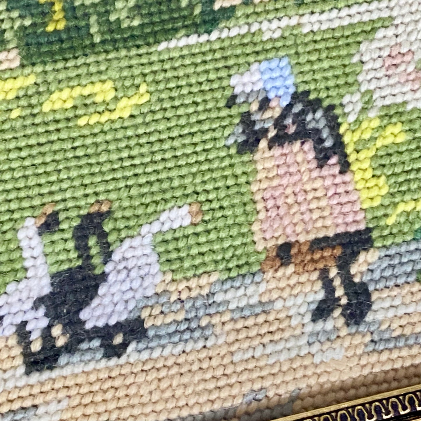 Vintage Cottage & Geese Scene Tapestry Needlepoint Display Art Gilt Framed Rare