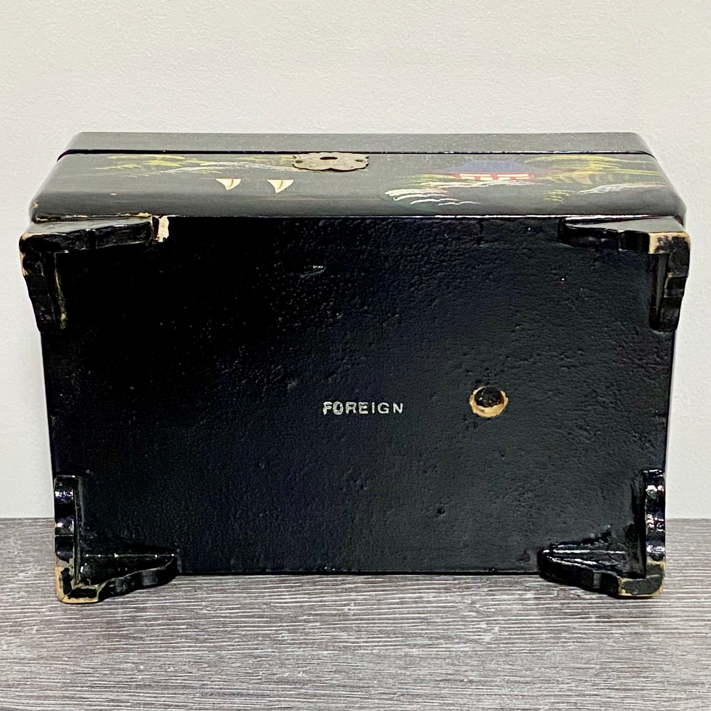 Vintage Japanese Black Lacquer Wood Hand Painted Jewellery Storage Box c1950s