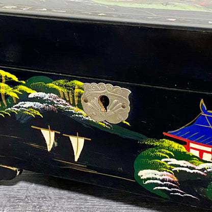 Vintage Japanese Black Lacquer Wood Hand Painted Jewellery Storage Box c1950s