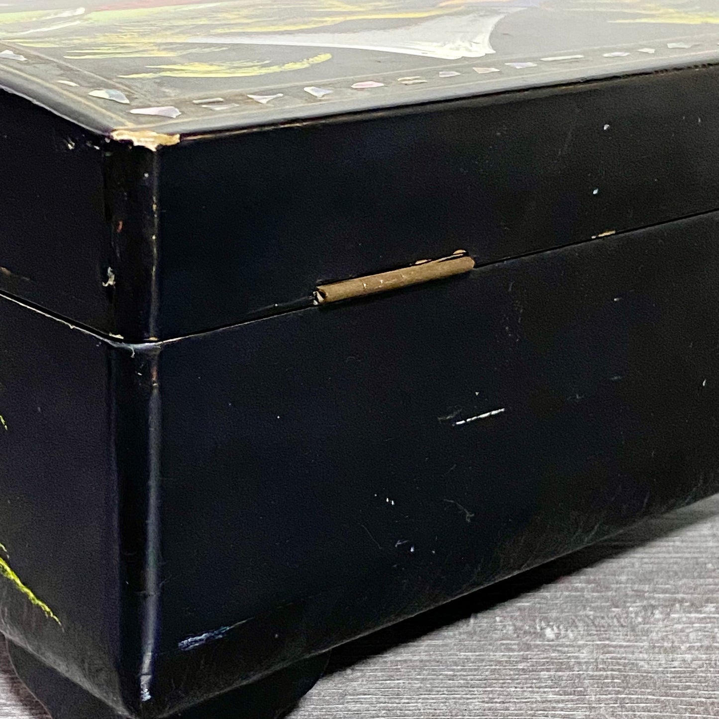 Vintage Japanese Black Lacquer Wood Hand Painted Jewellery Storage Box c1950s