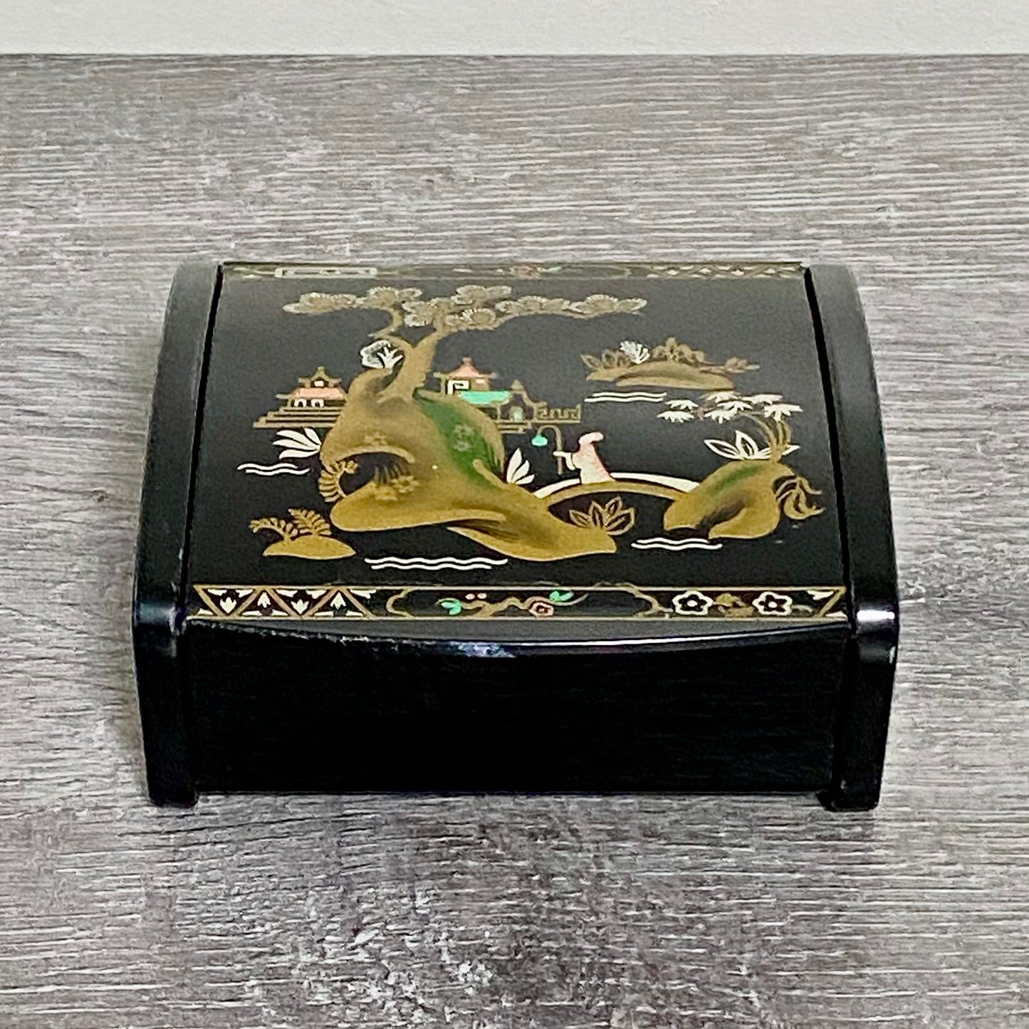 Vintage Japanese Black Lacquer Metal Hand-Painted Trinket Glove Jewellery Box