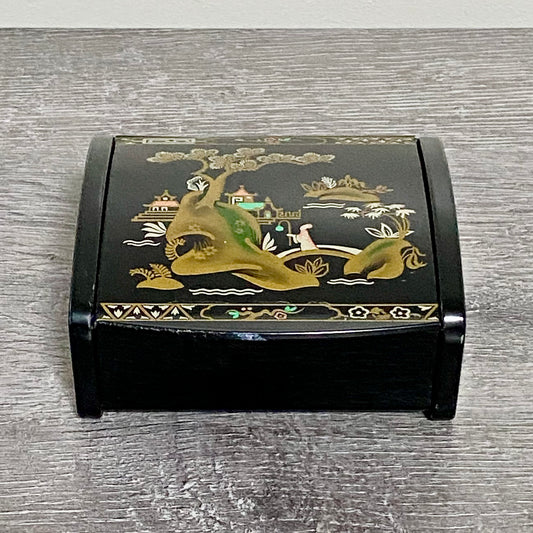 Vintage Japanese Black Lacquer Metal Hand-Painted Trinket Glove Jewellery Box