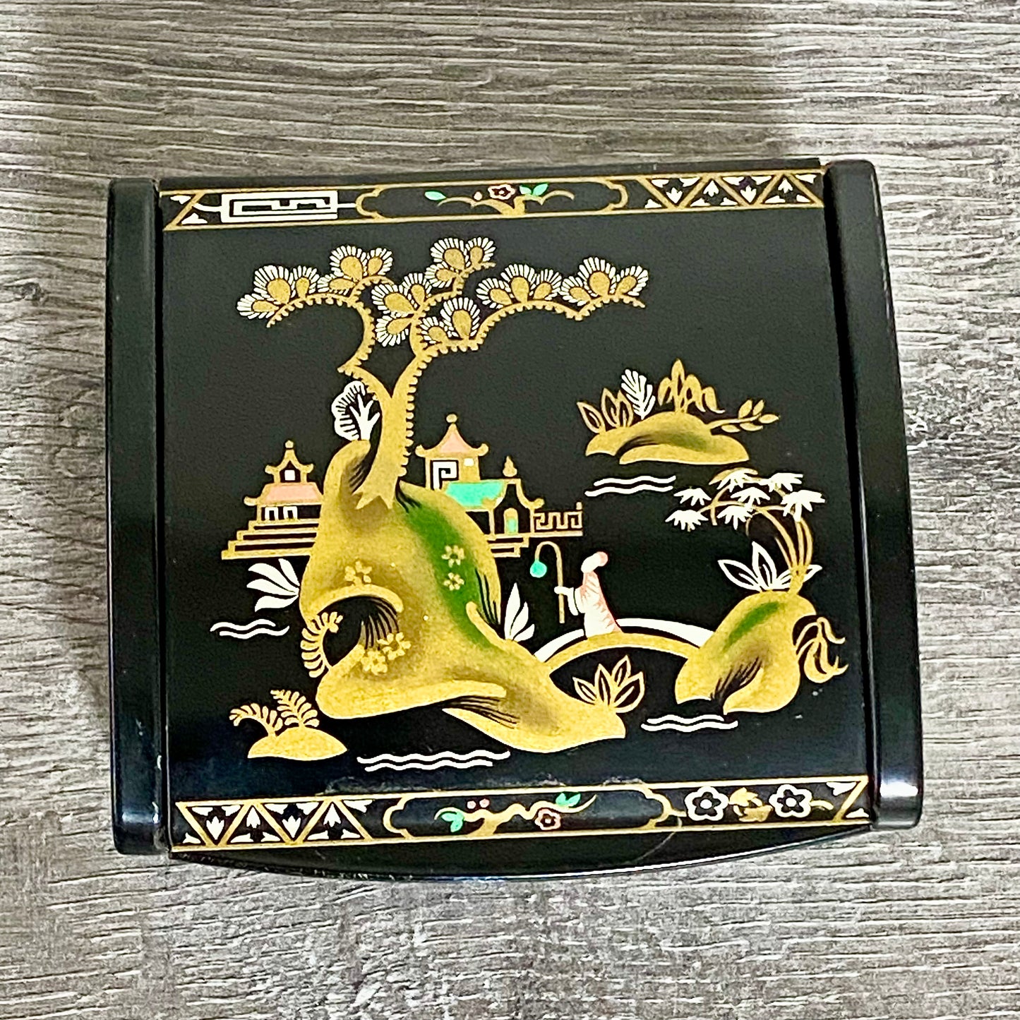 Vintage Japanese Black Lacquer Metal Hand-Painted Trinket Glove Jewellery Box