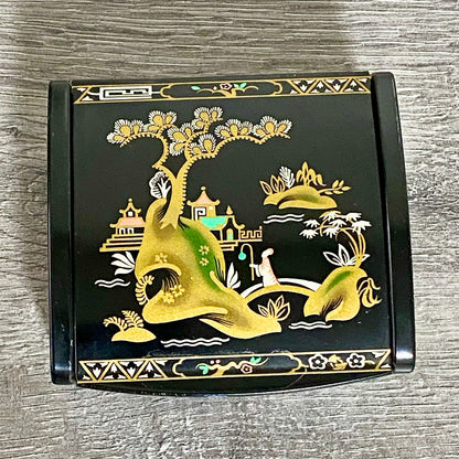 Vintage Japanese Black Lacquer Metal Hand-Painted Trinket Glove Jewellery Box