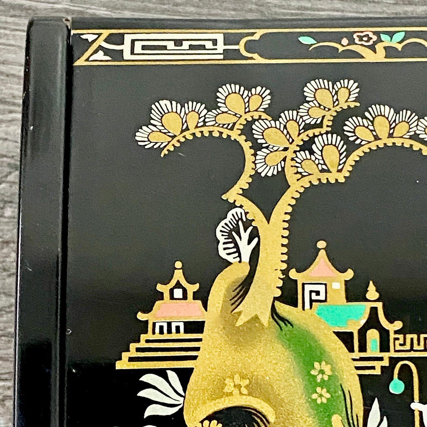 Vintage Japanese Black Lacquer Metal Hand-Painted Trinket Glove Jewellery Box