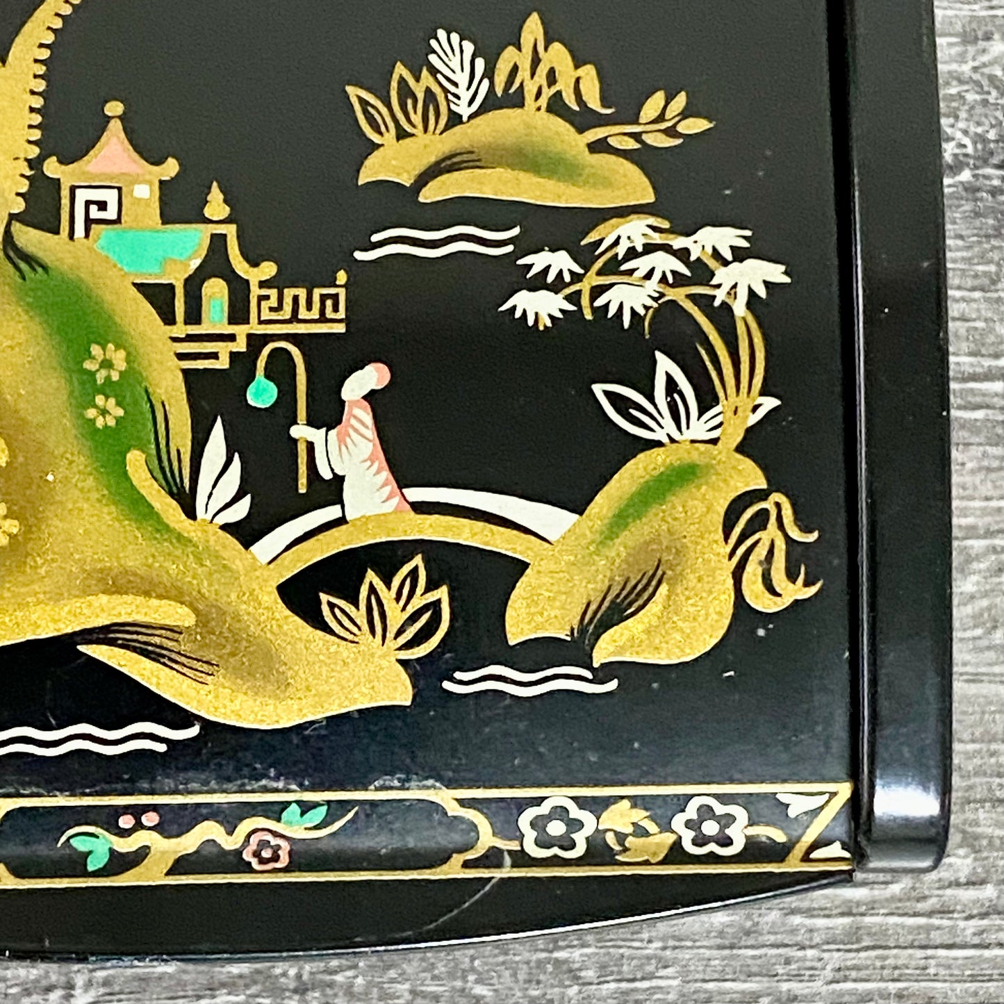 Vintage Japanese Black Lacquer Metal Hand-Painted Trinket Glove Jewellery Box