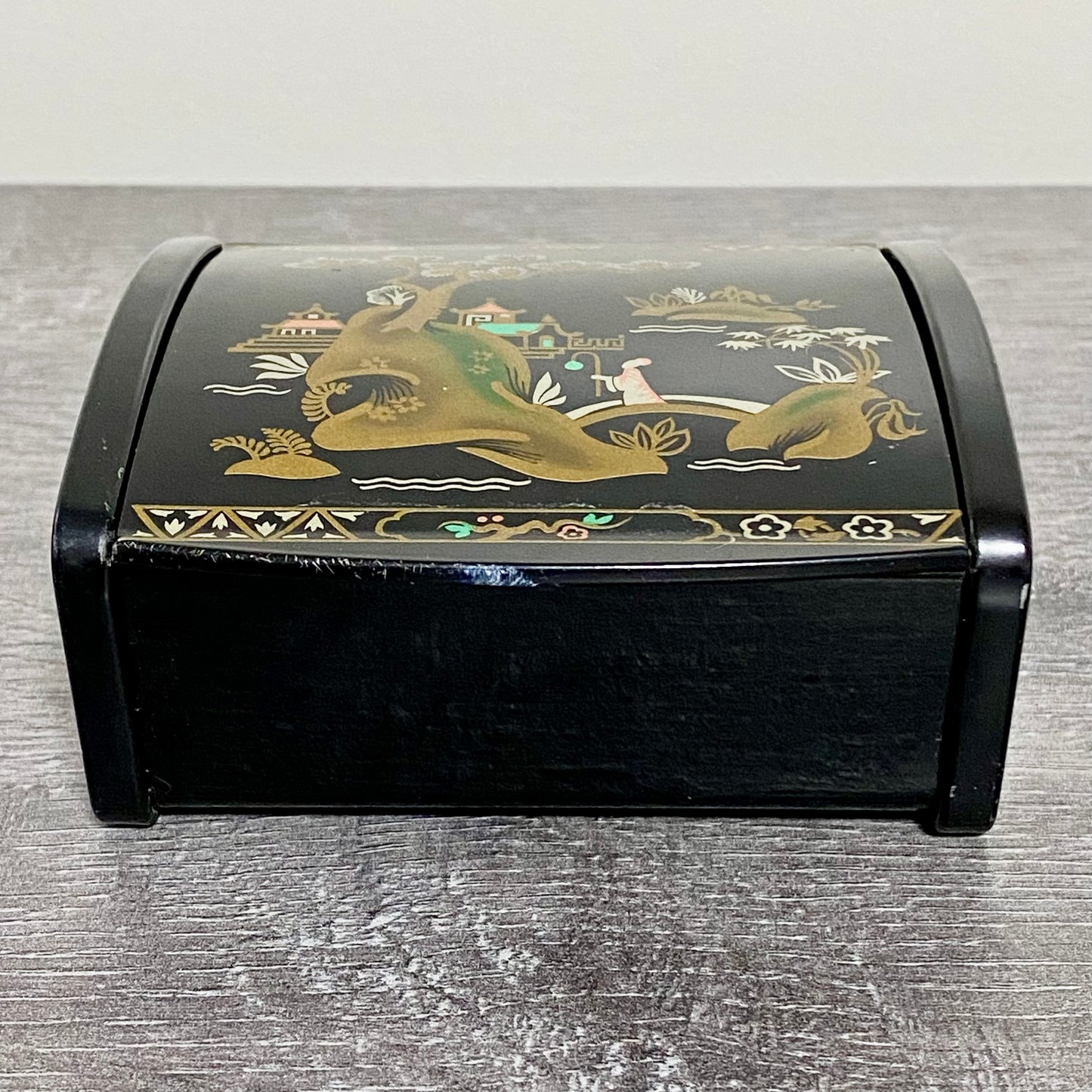 Vintage Japanese Black Lacquer Metal Hand-Painted Trinket Glove Jewellery Box
