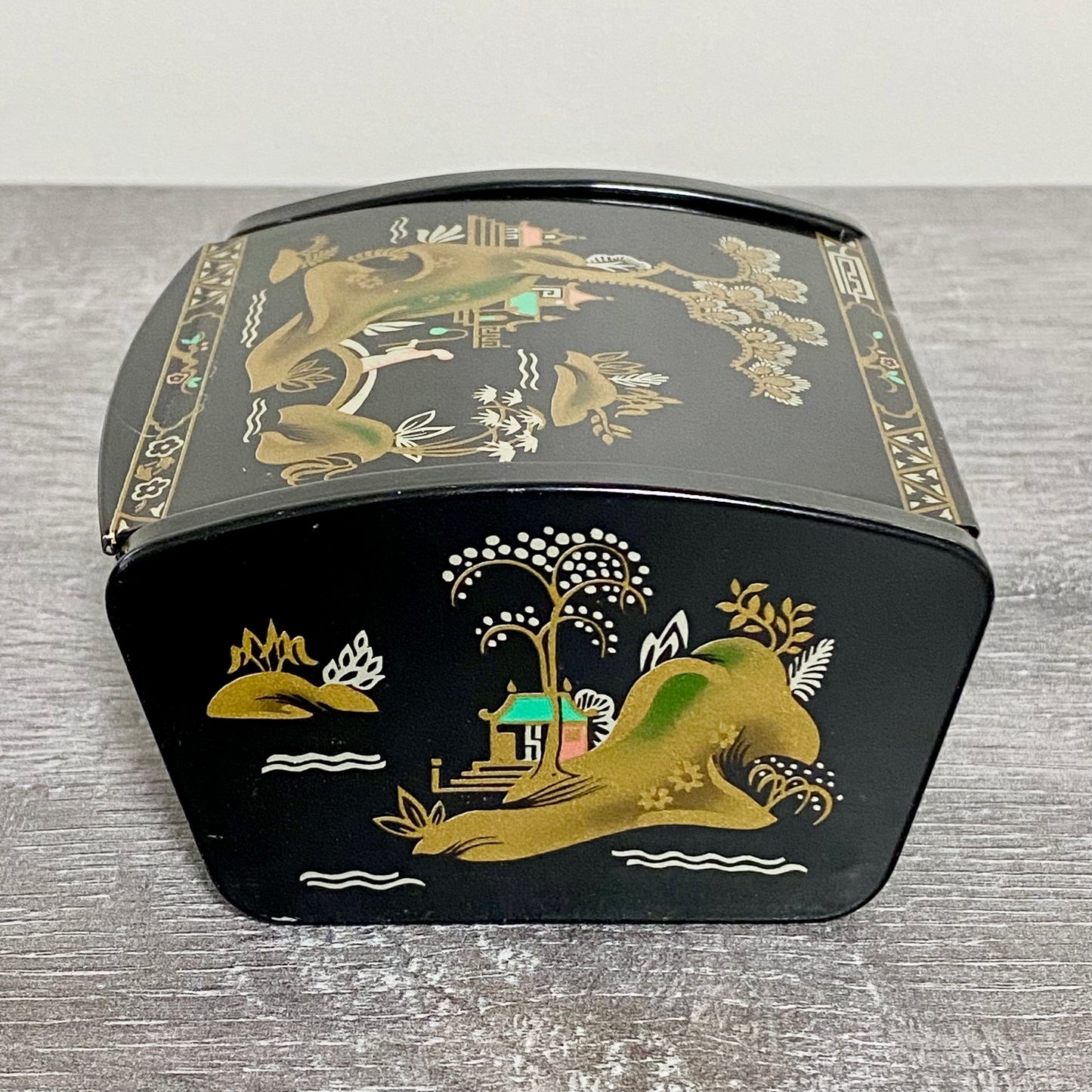 Vintage Japanese Black Lacquer Metal Hand-Painted Trinket Glove Jewellery Box
