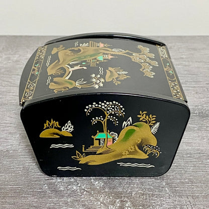 Vintage Japanese Black Lacquer Metal Hand-Painted Trinket Glove Jewellery Box