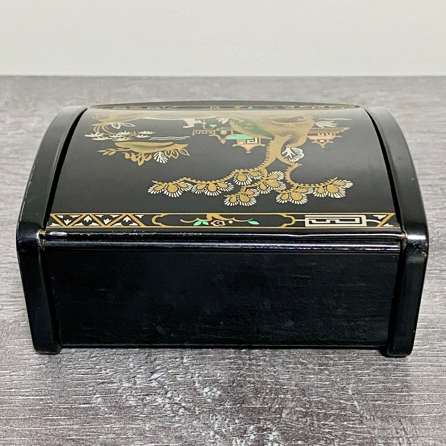 Vintage Japanese Black Lacquer Metal Hand-Painted Trinket Glove Jewellery Box
